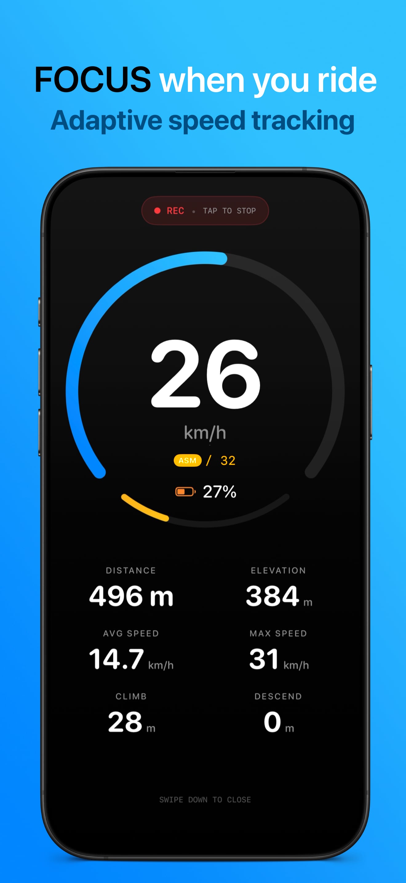 Moofment App - FOCUS Dashboard with Adaptive Speed Mode (ON)